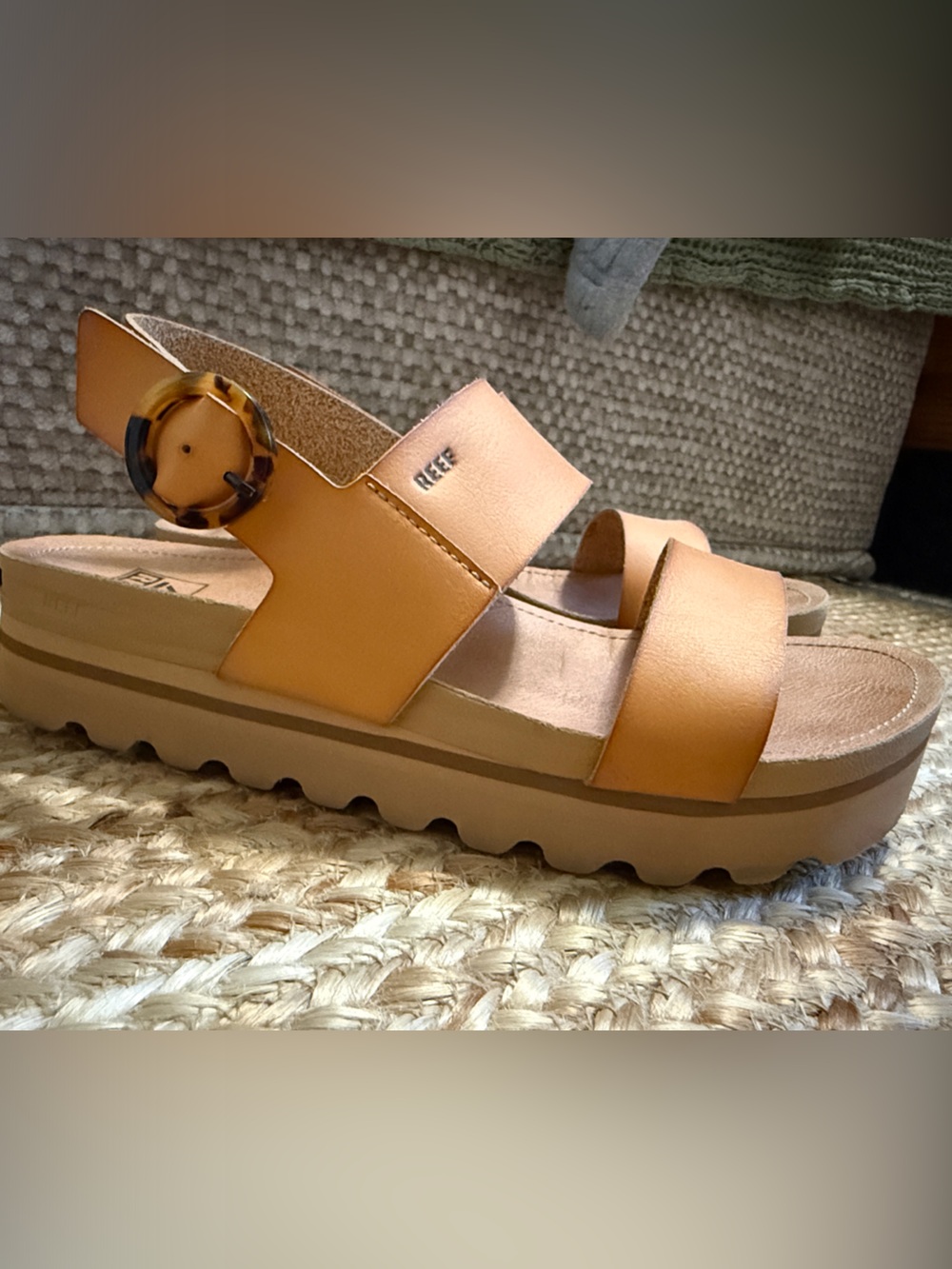Reef Vista Hi Buckle Women's Cognac Platform Sandals with Tortoiseshell Buckle